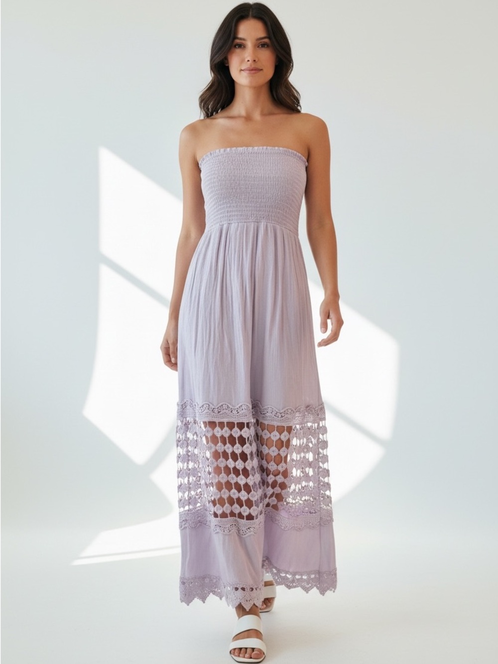 Justify Strapless Lavender Maxi Dress with Crochet Panels